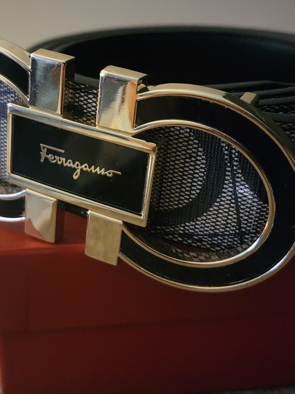 Ferragamo Black & Gold Signature Double Gancio Belt